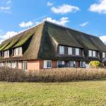 Haus mit strohgedecktem Dach und Fenstern, umgeben von Gras und Sträuchern unter blauem Himmel.