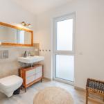 Badezimmer mit Dusche, Waschbecken und Toilette. Holzregal, Spiegel und Fenster sichtbar.