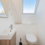 Badezimmer mit Waschbecken, Toilette und Dachfenster.