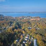 Panoramablick auf See und Wald mit Häusern im Herbst.