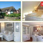 Ferienhaus mit Dachgeschosszimmer, Wohnzimmer und Essbereich. Außenansicht mit Eingangstor.