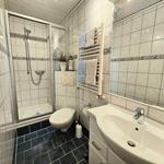 Badezimmer mit Dusche, Toilette und Waschbecken.