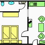 Wohnung mit Küche, Bad und Wohnbereich. Türen und Möbel sind dargestellt.