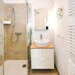 Badezimmer mit Dusche, Waschbecken und Heizkörper