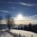 Snow-covered slope with trees and mountains under blue sky with sun.