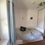 Bedroom with bed, curtain, and wooden floor