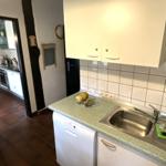 Küche mit Spüle, Waschmaschine und Obstschale auf Arbeitsfläche