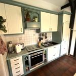 Küche mit weißen Schränken, grüner Arbeitsplatte und integriertem Ofen.