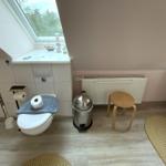 Badezimmer mit Toilette, Fenster und Holzmöbeln.