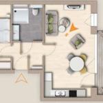 Wohnung mit Schlafzimmer, Küche, Wohnbereich und Balkon.