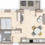 Ein Raum mit Schlafzimmer, Wohnbereich, Küche und Bad. Außenbereich mit Sitzgelegenheit.