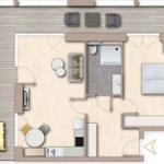 Die Wohnung hat eine Küche, Wohnbereich, Schlafzimmer und Bad mit Dusche.