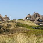 Dorfhäuser mit Strohdächern auf Dünen im Hintergrund.