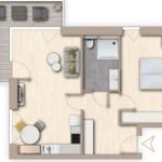 Wohnung mit Schlafzimmer, Bad und Terrasse. Küche und Wohnbereich sind integriert.