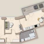 Wohnung mit Schlafzimmer, Küche, Bad und Terrasse