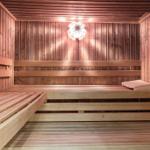 Holzsauna mit mehreren Sitzbänken und einer Deckenleuchte.