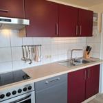 Küche mit roten Schränken, Edelstahlspüle und Herd