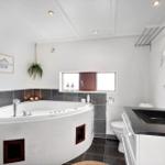 Bathroom with whirlpool, sink, and toilet. Window, plant, and wall picture.