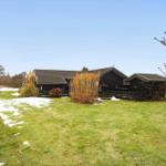 Black wooden cabins with terrace on a green lawn with patches of snow.