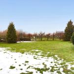 Lawn with grass and snow, trees, and part of a house.