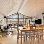 Living and dining area with wooden ceiling, dining table, and TV