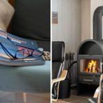 Ein Buch und Brille auf einem Sitzplatz. Ein Kamin mit brennendem Holz.