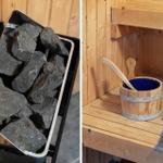 Sauna mit Holzbank, Eimer und Bürste. Links: Steinblock zur Wärmegenerierung.
