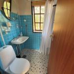 Bathroom with blue tiles, toilet, sink, and shower with window.