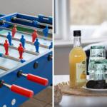 Fussballtisch und Getränke mit Keksen auf Tisch