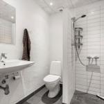 Badezimmer mit Dusche, Toilette und Waschbecken.