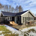 Wooden house with terrace, garden, and barbecue area in winter.