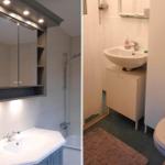 Badezimmer mit Dusche, Waschbecken und Spiegelschrank. Rechts Toilette und Waschbecken.