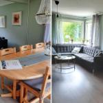 Wohn- und Essbereich mit Sofa, Tisch und Fenster