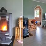 Kaminofen mit brennendem Holz, Holzkisten mit Brennholz und Wohnzimmer mit Fernseher und Couch.