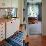 Küche mit Spüle und Waschmaschine. Durchgang in Esszimmer mit Tisch und Stühlen.