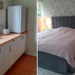 Küche mit Kühlschrank, Kaffeemaschine und Toaster. Schlafzimmer mit Bett, Nachttischen und Wandbehang.