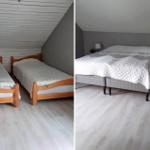 Zwei Schlafzimmer mit jeweils einem Bett und Holzmöbeln.