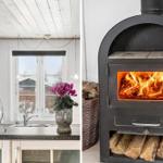 Kitchen with window and wood-burning stove with lit fire.