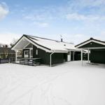 Schwarzes Holzhaus mit Schneebedecktem Dach und Garage im Winter.