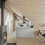 Kitchen with dining area, wood wall, and fireplace