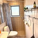 Badezimmer mit Dusche, Toilette und Waschbecken. Fenster, Regal und Handtuchhalter sichtbar.