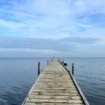 Holzsteg führt über ruhiges Wasser zu einem Boot.