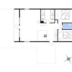 Wohnung mit vier Schlafzimmern und Küche. Bad und Wohnbereich sind eingezeichnet.