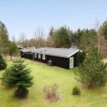 Black house with gray roof, surrounded by grass and trees.