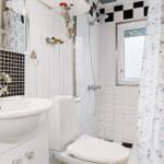 Bathroom with sink, toilet, and shower with window.