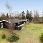 Black vacation houses with garden and forest in the background.
