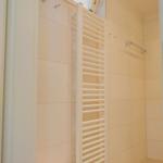 Badezimmer mit Dusche, Heizkörper und Fenster
