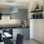 Küche mit grauen Schränken, Dunstabzug und Arbeitsplatte.