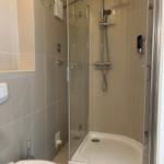 Badezimmer mit Dusche, Toilette und Wandverkleidung.