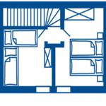 Übersicht über die Wohnung mit Schlafzimmer, Küche und Bad.